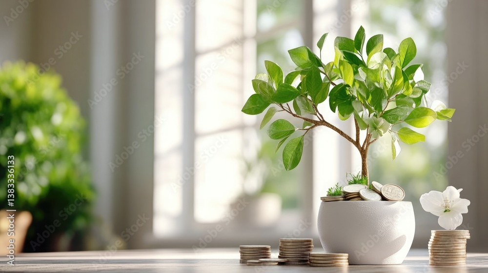Potted Plant with Coins Symbolizing Growth and Financial Prosperity Potted Plant with Coins Symbolizing Growth and Financial Prosperity