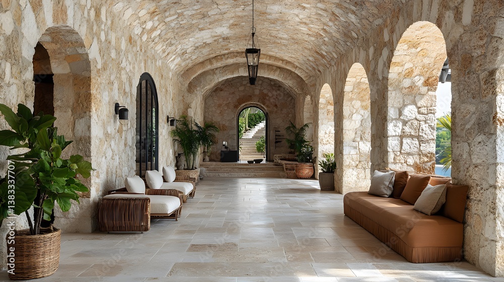 Fototapeta premium Mediterranean-style villa empty interior arches stone walls warm tones elegant design