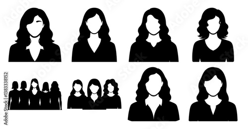 Collection of eight diverse female avatars and a group of five women representing various hairstyles and appearances suitable for profile pictures or website user interfaces