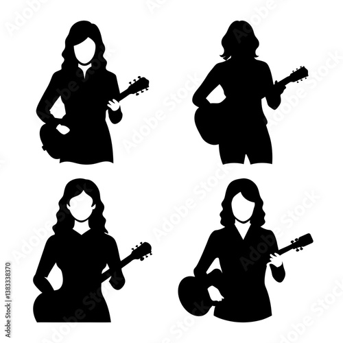 Silhouettes of Women Playing Acoustic Guitars A Set of Four Unique Poses