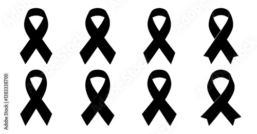 Collection of eight black awareness ribbons symbolic of mourning grief and remembrance