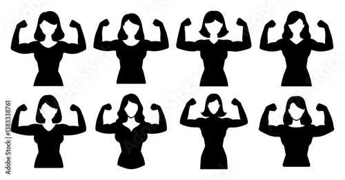 Collection of eight strong female silhouettes flexing biceps showcasing various hairstyles and body types promoting fitness empowerment and body positivity