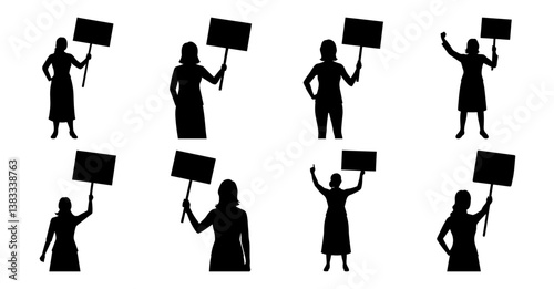 Eight Silhouettes of Women Holding Blank Signs, Demonstrating Diverse Protest Poses and Perspectives