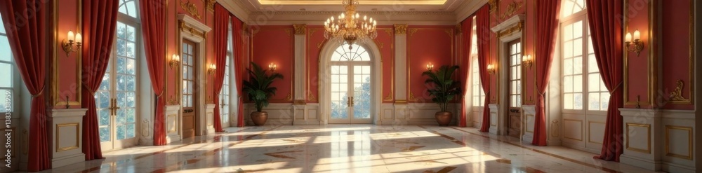 Elegant room with high ceiling, chandelier, and empty space, night scene, vintage style Elegant room with high ceiling, chandelier, and empty space, night scene, vintage style