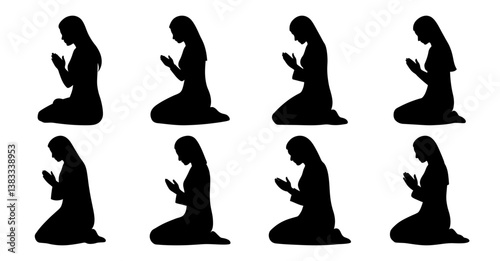 Eight Silhouettes of Women Kneeling in Prayer A Collection of Black and White Images Depicting a Woman's Humble Posture of Supplication