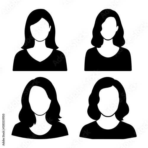 Collection of four female profile icons faceless in black and white minimalist style simple avatars for website or app user interface design