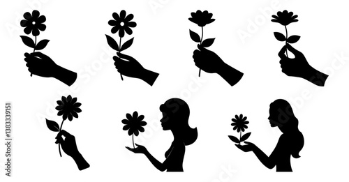 Silhouettes of hands holding flowers and women with flowers, simple black and white graphic design elements