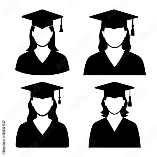 Set of four female graduate student avatars wearing graduation caps and gowns.  These simple black and white icons are perfect for websites or presentations.