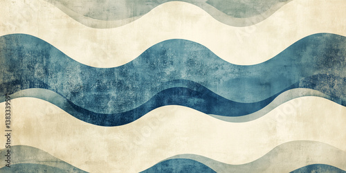 Abstract wave pattern in blue and beige with distressed texture, minimalist design.