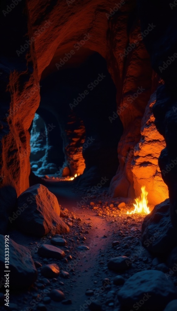 Embers glowing in a darkened cave with ancient stone walls, embers, rock, stone Embers glowing in a darkened cave with ancient stone walls, embers, rock, stone