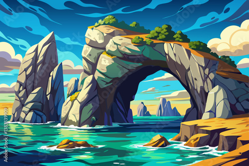 Green island cartoon in endless turquoise sea at sundown, rocky island with grand stone arches over clear blue waters under a bright sky