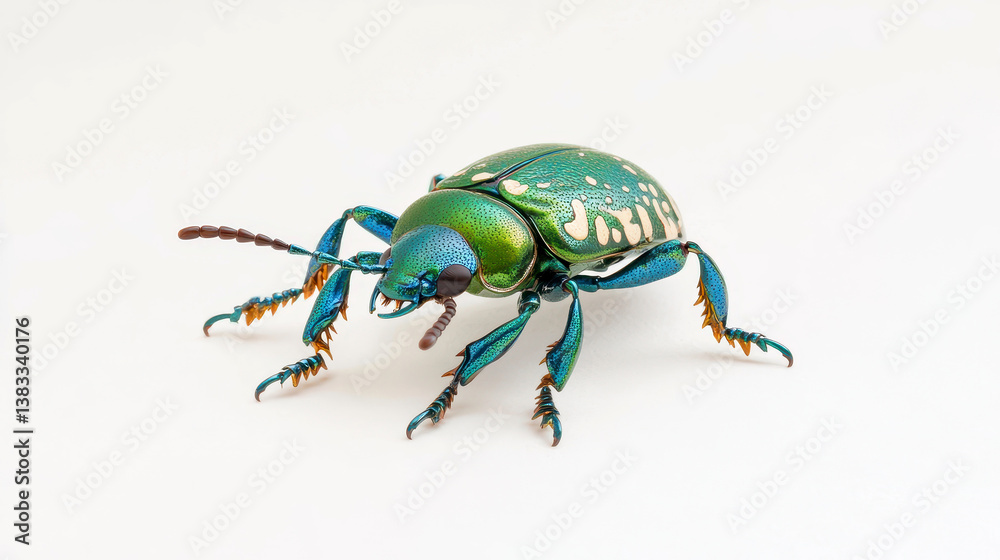 Close-up of a colorful metallic green beetle isolated on white background