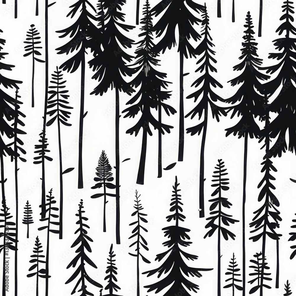 Fototapeta premium Black forest pattern. White background shows dark trees. Simple graphic style illustration with many firs.