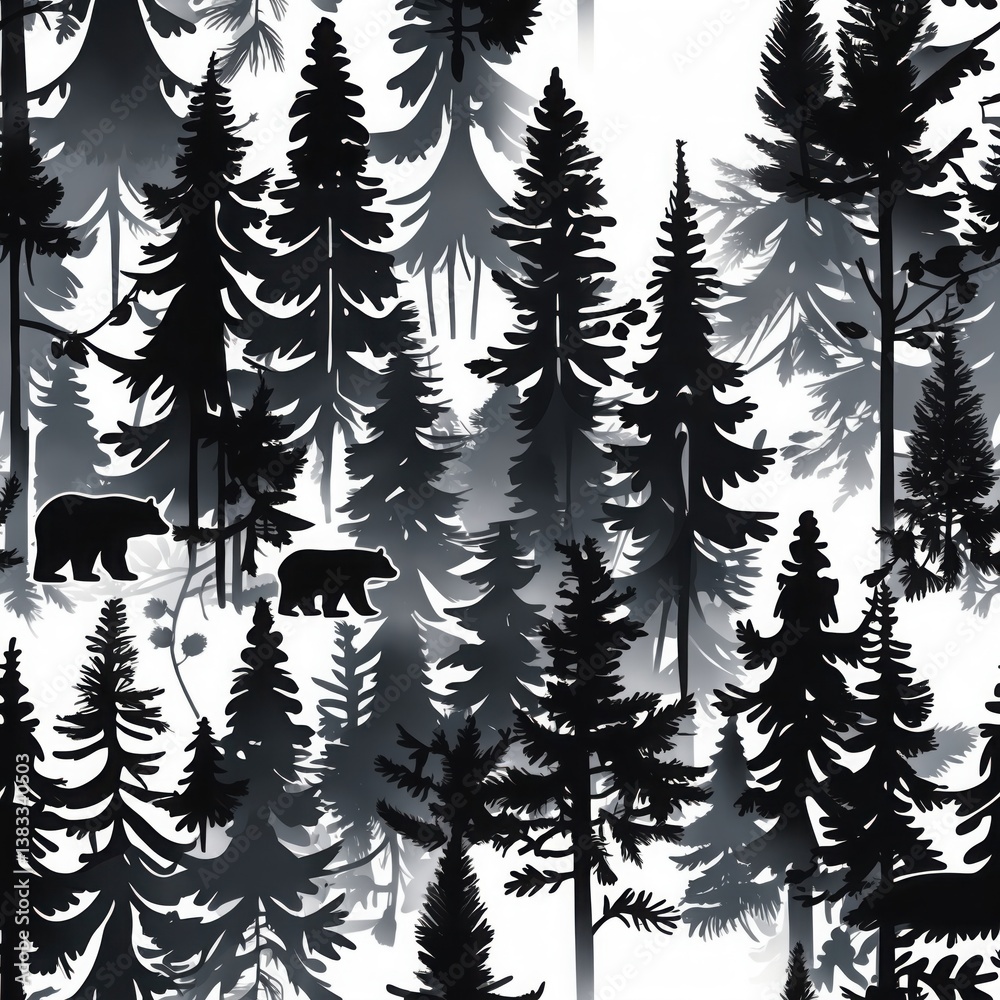 Obraz premium seamless pattern of dark green trees and animals. Forest with different sizes of pine trees and bears silhouettes on white background.