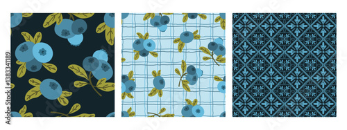 azulejos ceramic, blueberries, blueberries checkered seamless pattern collection, texture set