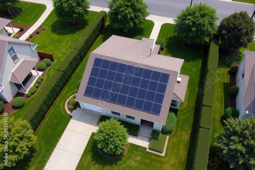 An aerial shot of a residential area, focusing on a house with solar panels and a well-maintained garden..