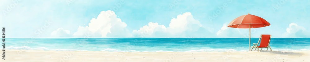 Obraz premium Serene beach scene with red umbrella against the blue sky and sandy shore