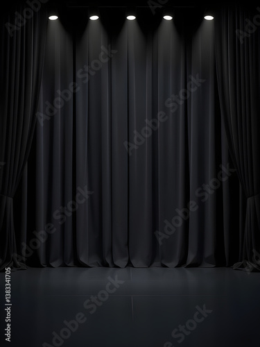 Black Stage Curtains with Spotlights: Theater Performance Background. Elegant Drapery Design, Modern Interior Decor, Show Backdrop