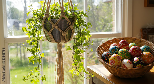 Hand Painted Easter Eggs In Basket Near Hanging Plant By Window Display