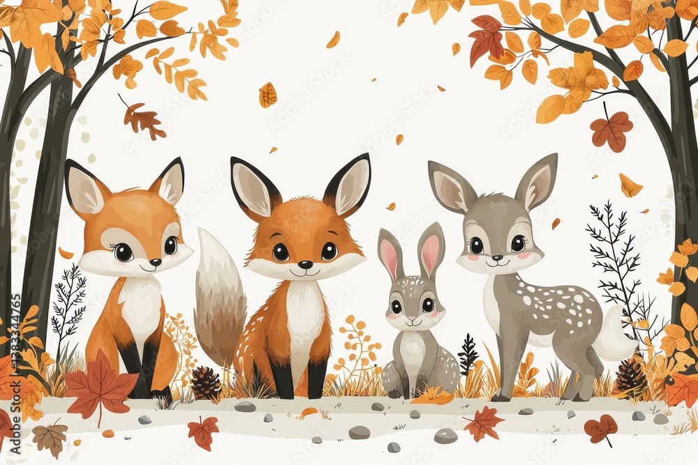 Naklejka premium Adorable Woodland Creatures in an Autumn Forest Cartoon Illustration