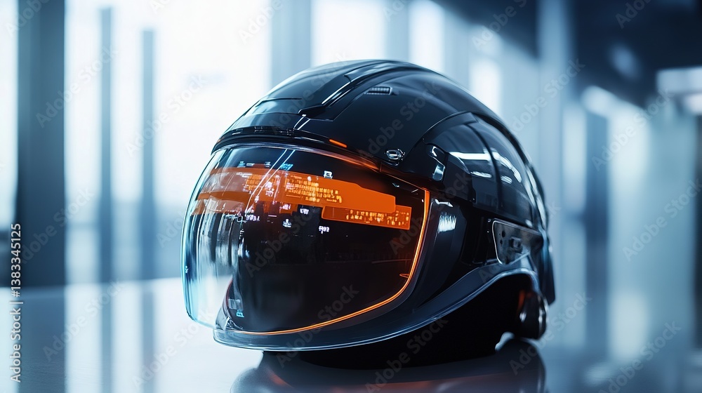 Fototapeta premium Showcasing a futuristic construction helmet with augmented reality in a cutting-edge workplace