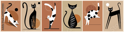 Set of Retro Mid Century modern posters with cute Atomic cats. Vector flat illustrations photo