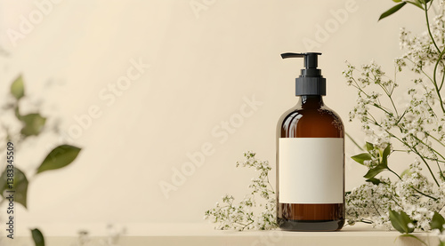 Photo of a brown glass shampoo bottle with a white label mockup, on a light beige background with flowers and plants