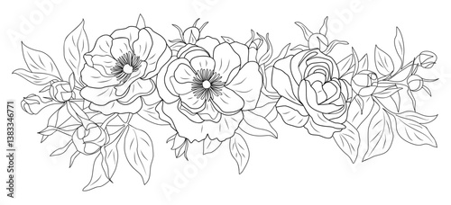 Peony flowers and leaves border. Horizontal banner, floral overlay backdrop. Botanical monochrome ink sketch style hand drawn vector illustration isolated on white background.