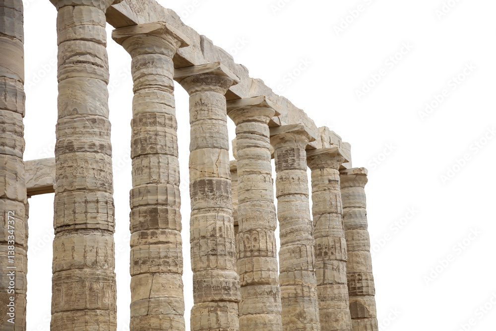 Cape Sounio, Poseidon temple remains isolated on white, transparent sky. Attica, Greece.