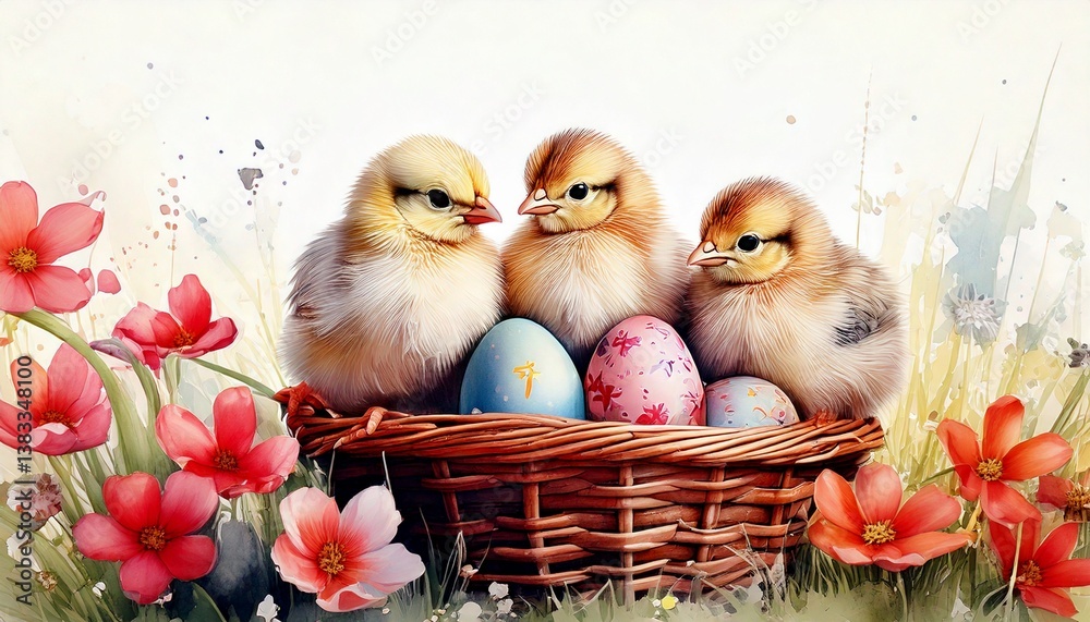 Easter background with chicks, eggs and flowers. Drawing, watercolor