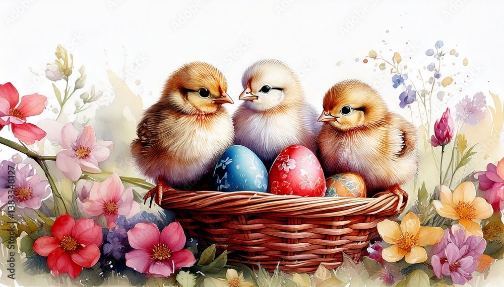 Easter background with chicks, eggs and flowers. Drawing, watercolor