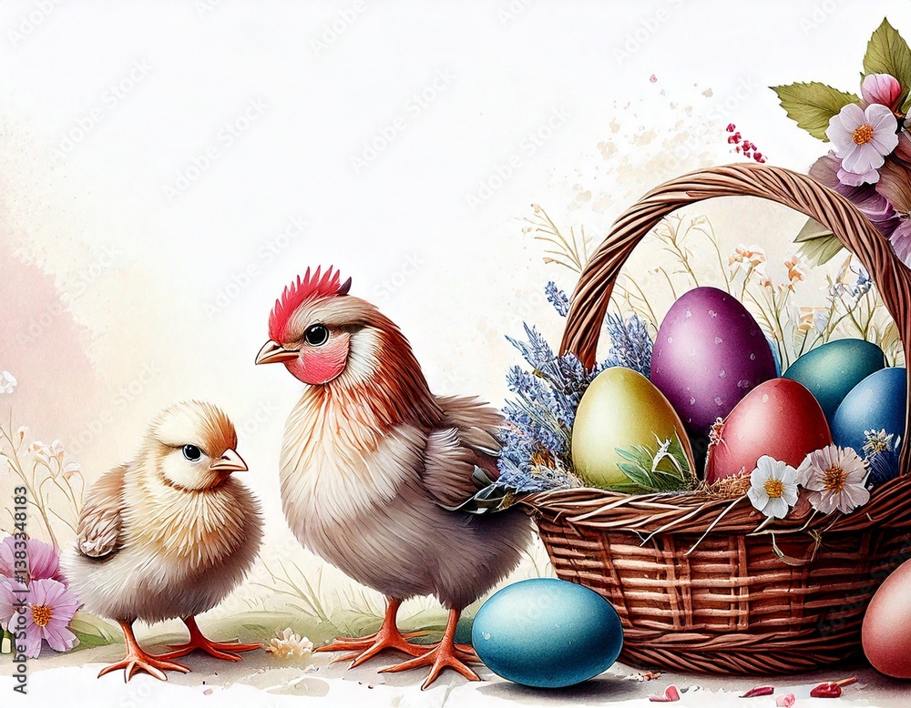 Easter background with chicks, eggs and flowers. Drawing, watercolor