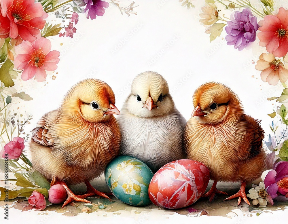 Easter background with chicks, eggs and flowers. Drawing, watercolor