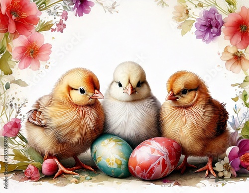 Obraz na płótnie Easter background with chicks, eggs and flowers. Drawing, watercolor w salonie