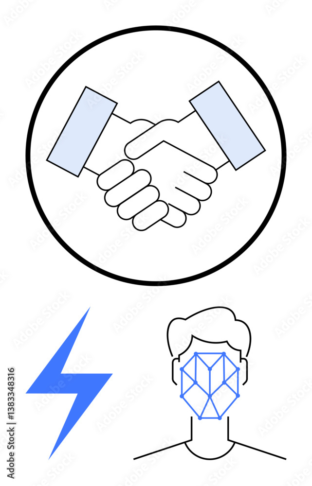 Fototapeta premium Handshake icon within a circle, facial recognition grid over a head outline, and blue lightning bolt. Ideal for partnerships, trust, technology, innovation, identity energy teamwork. Flat simple