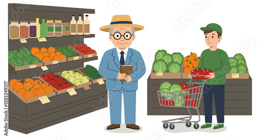 Customers shopping fresh produce in grocery store cartoon illustration