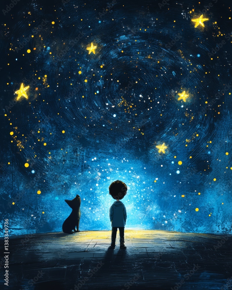 Obraz premium A young boy and his dog gaze up at a breathtaking night sky filled with luminous stars, creating a magical and serene atmosphere.