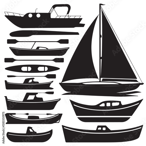 set Black silhouette of boats, ship, fishing boat various style