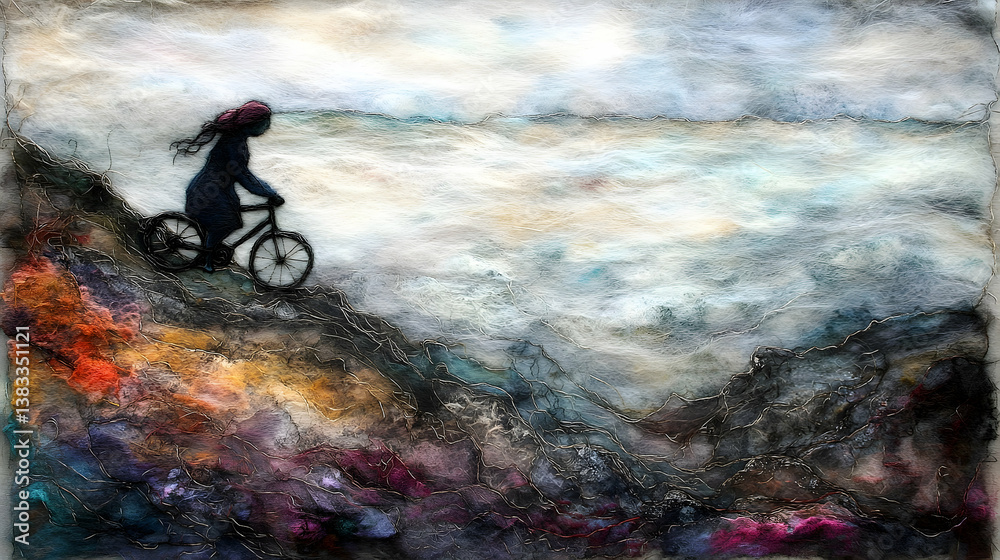 Obraz premium A silhouetted figure rides a bicycle on a mountainous textured landscape
