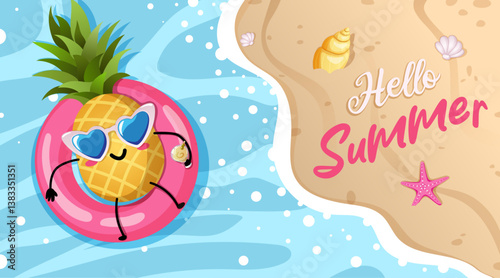 Hello Summer Beach Shore Template Illustration with Pineapple Relaxing in Pool Float with Cocktail. Cute Groovy Cartoon Vector Art