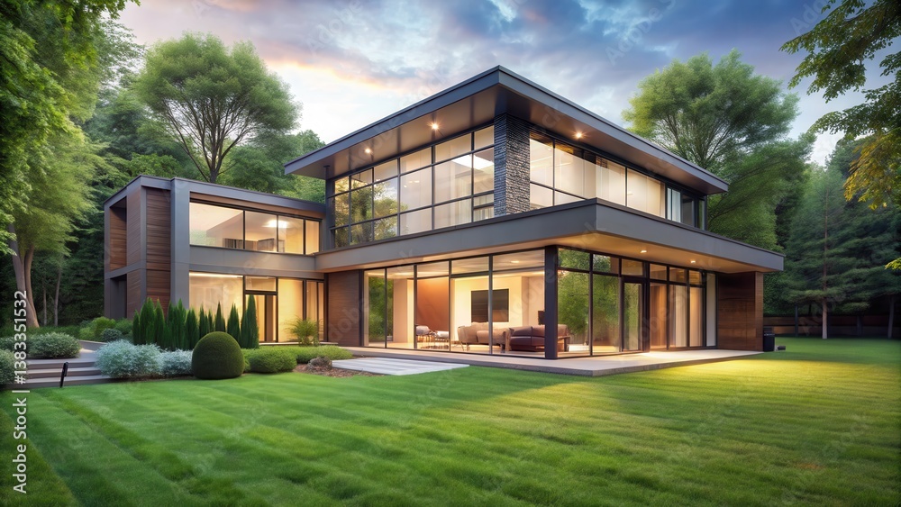 A modern house with large windows surrounded by a lush green lawn and tall trees, showcasing a serene and natural ambiance , architecture, serenity A modern house with large windows surrounded by a lush green lawn and tall trees, showcasing a serene and natural ambiance , architecture, serenity