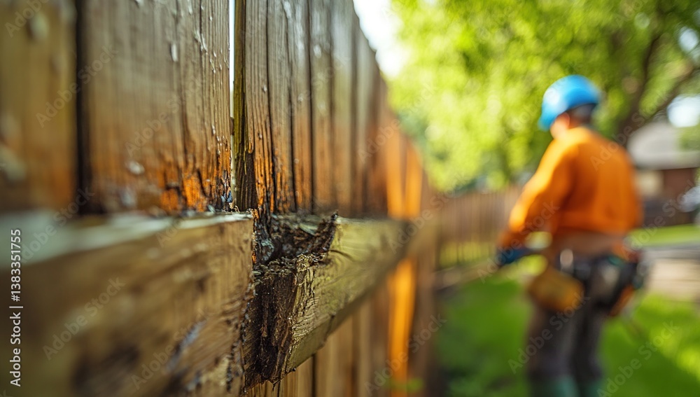 Closeup of Damaged Wooden Fence with Blurred Worker in Background