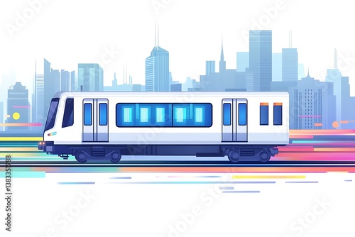 A futuristic high-speed train racing through a vibrant cityscape, symbolizing modern transportation and innovation, with bright colors and dynamic motion