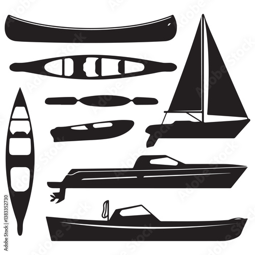 set Black silhouette of boats, ship, fishing boat various style