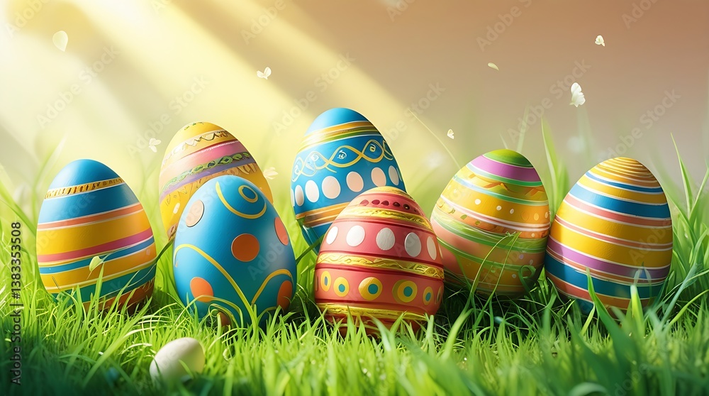 painted easter eggs celebrating a Happy Easter with a calm sunlight and warm colour and green meadow grass
