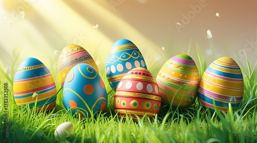 Obraz na płótnie painted easter eggs celebrating a Happy Easter with a calm sunlight and warm colour and green meadow grass w salonie