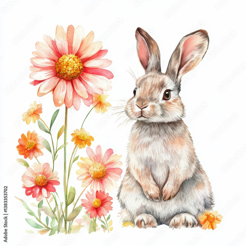 Obraz premium Springtime Bunny and Blossoms: An adorable, fluffy bunny sits peacefully beside a vibrant cluster of delicate, watercolor-painted flowers, capturing the essence of springtime.