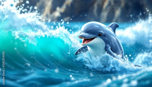 Dolphin Surfing Ocean Wave Splashing Water with Rocky Coast in Background