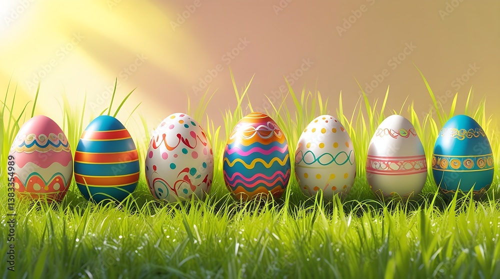 painted easter eggs celebrating a Happy Easter with a calm sunlight and warm colour and green meadow grass