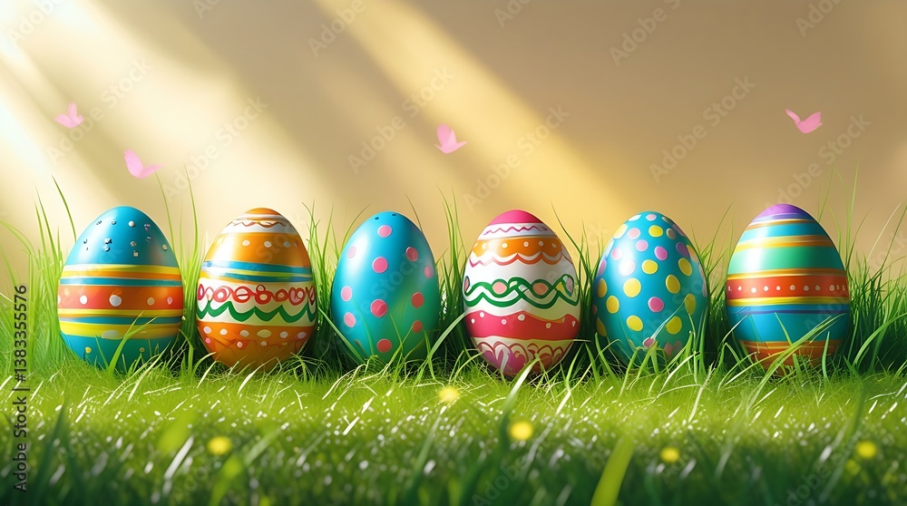 painted easter eggs celebrating a Happy Easter with a calm sunlight and warm colour and green meadow grass